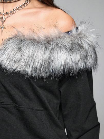 Grunge Punk Sweat-shirt court vintage Y2K à épaules dénudées en patchwork de fourrure pour femmes