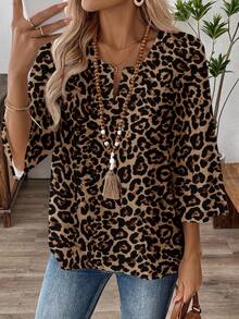 EMERY ROSE Plus Size Leopard Print Notch Collar Casual Versatile Shirt V Neck Blouses For Women Cheetah Print Animal Print Top Cheetah Print Top Leopard Print Tops Tiger Print Top Cheetah Animal Print Leopard Print Blouses