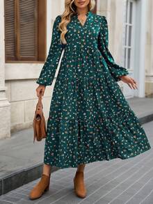 EMERY ROSE Damen-Midikleid mit V-Ausschnitt und Laternenärmeln, Blumenmuster, Winterkleid, Herbstkleider für Damen, Winterkleidung für Damen, Freizeitkleider für Damen, lässiges langes Kleid, grünes Blumenkleid, grünes Midikleid für Damen, Herbstkleid, Ausgeh-Outfit