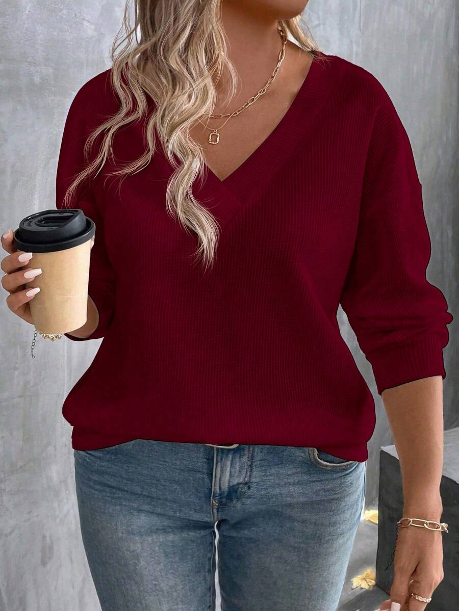EMERY ROSE Autumn/Winter New Fashion Casual V-Neck Long Sleeve Burgundy Waffle Texture Fabric Plus Size T-Shirt - Burgundy - View 1