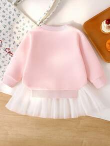 SHEIN Playful Pals 女嬰 6M-3Y 可愛運動衫洋裝 粉色與白色愛心印花 網眼下擺 網紗長袖套裝 秋季休閒穿搭 適合家庭穿搭 優雅 - 彩色 - 查看 3