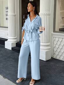 SHEIN LUNE 2件套女士纯色长袖上衣和裤子套装 - 淺藍色 - 查看 6