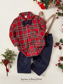 Cozy Pixies 2件套男婴彩色格子领长袖连体衣和背带裤套装，男婴背带裤套装，复古男婴服装，复古背带裤，男童圣诞套装 - 彩色 - 查看 1