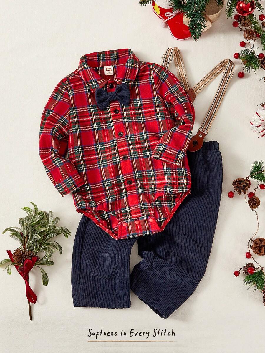 Cozy Pixies 2件套男婴彩色格子领长袖连体衣和背带裤套装，男婴背带裤套装，复古男婴服装，复古背带裤，男童圣诞套装 - 彩色 - 查看 1