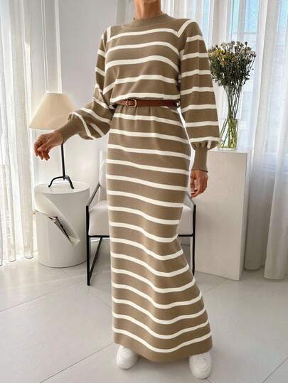 EURMUSE WOMEN Polo Collar Ribbed Knit Dress - Beige Elegance Stripe Dresses For Women Striped Knit Dress Striped Dress Long Sleeve Dress Dress With Sleeves Womens Striped Dress
