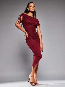 NYA SZN Burgundy Summer Seksi Chic Night Out Dress Women's Short Sleeve Asymmetrical Textured Cute Wedding Guest Party Special Occasion Midi Length Outfits - Red - View 4