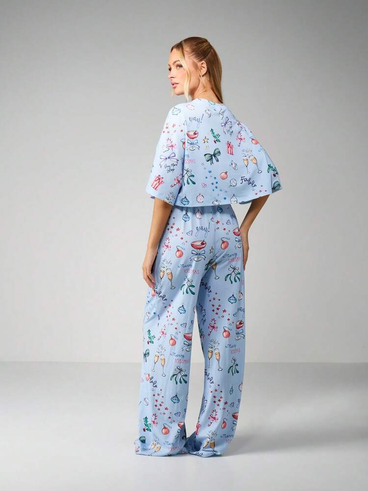 MISSGUIDED Christmas Holiday Pajama Set Long Sleeve Crop Top Wide Leg Pants Festive Winter Sleepwear