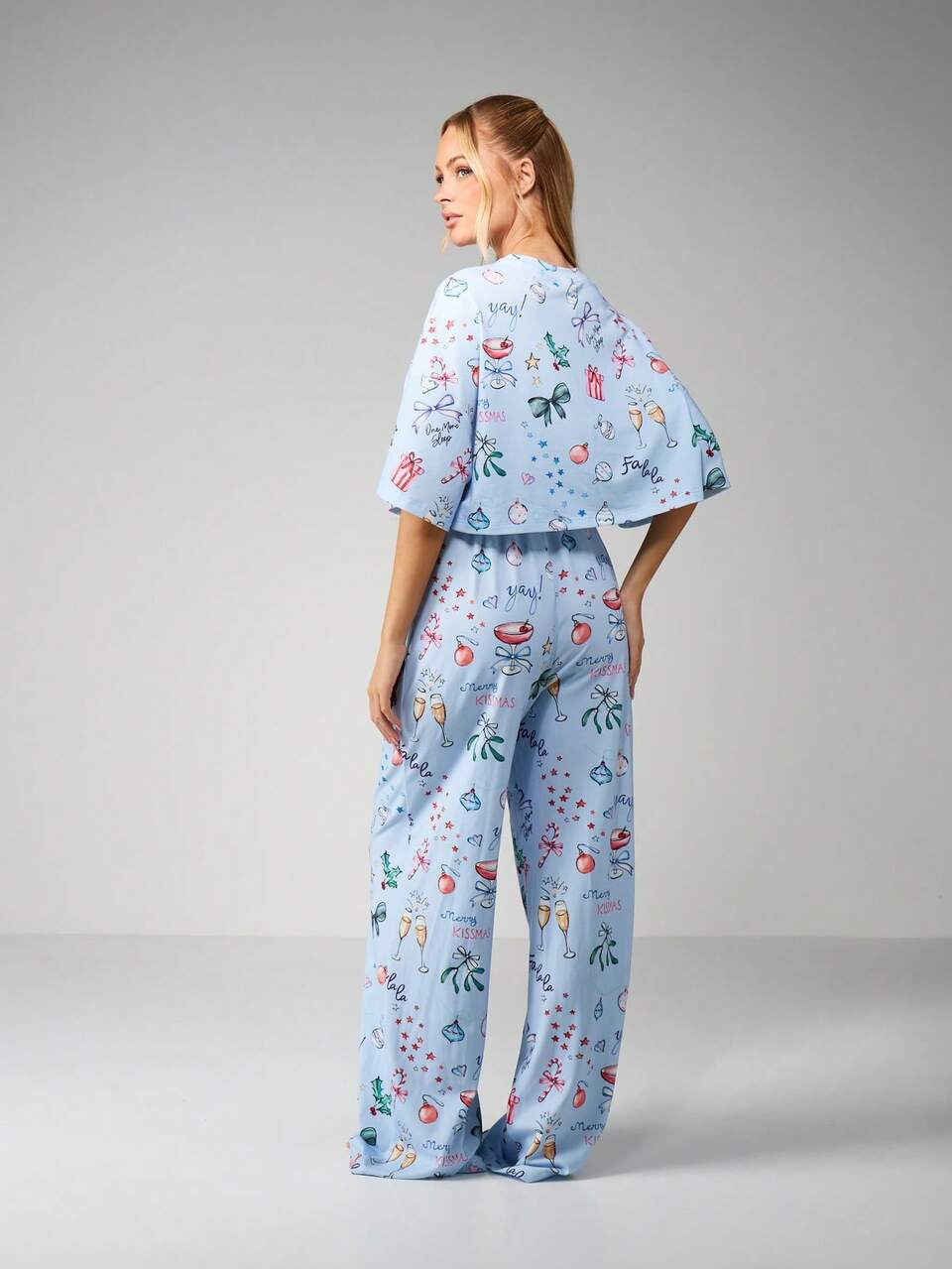 MISSGUIDED Christmas Holiday Pajama Set Long Sleeve Crop Top Wide Leg Pants Festive Winter Sleepwear