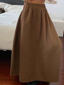 DAZY 女士纯色弹力腰加厚A字裙，休闲秋冬款 - 棕色 - 查看 4