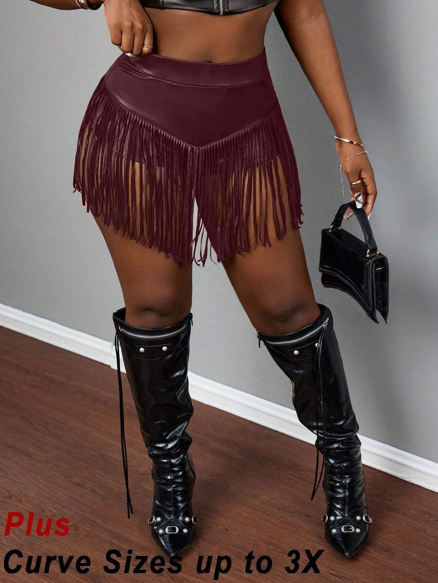 Slaydiva Plus Size Summer New Casual Street PU Tassel Elastic Skinny Shorts, Suitable For Music Festivals, Easter, Graduation Season, Daily Wear Women Shorts For Women Party For Women - D - Rust Brown - View 1
