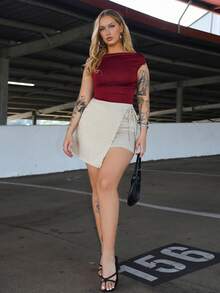 Arliah 毕业装休闲百搭吊带不规则下摆新款夏款卡其色纹理宽面料裙子女士短裙女裙女士夏装夏装下装 - 卡其色 - 查看 5