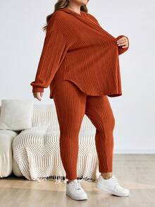 SHEIN CURVE+ 女式加大码卡其色棕色天鹅绒连帽衫和紧身裤套装，休闲条纹连帽上衣和紧身裤，冬季 - 棕色 - 查看 4