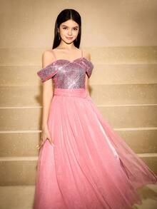 Vestido elegante con hombros descubiertos y lentejuelas para adolescentes, adecuado para bailes de graduación, actuaciones, banquetes, recepciones, exposiciones de arte y eventos de moda - Rosa - Ver 1