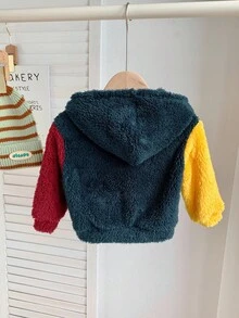 男婴/女婴彩色休闲宽松柔软羊毛拼布连帽衫，舒适宽松拉链设计，室内外均可穿着，秋冬