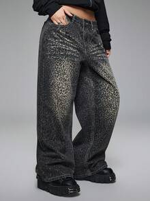 ROMWE Grunge Punk 女士休闲时尚街头风豹纹渐变口袋刺绣宽松阔腿低腰牛仔裤 - 黑色 - 查看 8