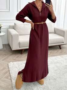 EURMUSE Lange Sweater-Kleider mit Reißverschluss-Details - Bordeaux - Übersicht 5