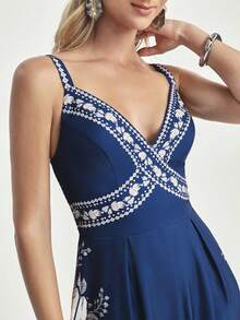 CAJUNI Women's Tropical Print Shirred Back Camisole Wide Leg Jumpsuit, Summer Vacation Style - Blue - View 8