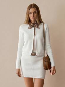 Chiquease Women's Knitted Cardigan Sweater Jacket Paired With Skirt 2-Piece Set, Elegant Office Wear, Solid Color, Autumn/Winter - Apricot - View 5