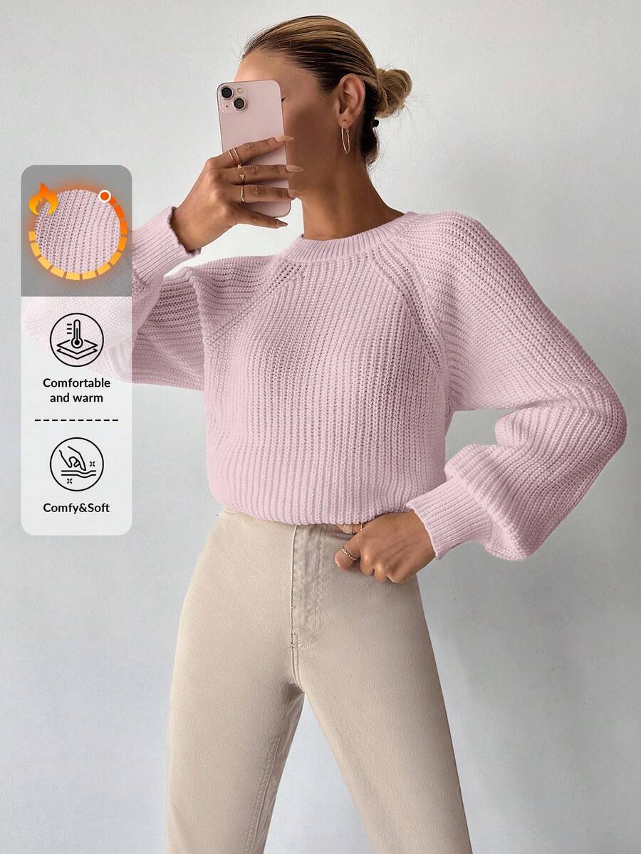 EURMUSE Suéter De Manga Raglán Con Cuello Redondo De Color Liso - Rosa Pálido - Ver 1