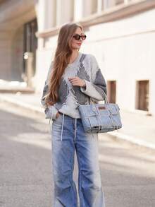 Suéter con hombros caídos y cordón en la cintura, blusas de manga larga - Gris - Ver 4