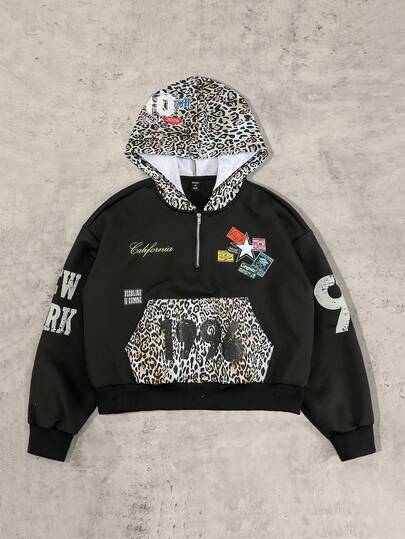 Street Life sweat-shirt à capuche rétro américain imprimé léopard blocs de couleurs