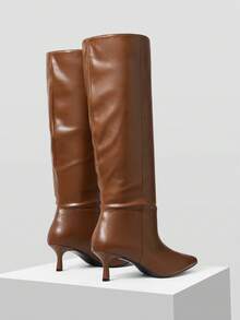 MOTF PREMIUM Botas altas de muslo sólidas FRANCESAS, botas de caña recta hasta la rodilla con tacón alto delgado para mujeres - Marrón - Ver 4