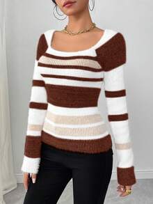 Louniche Suéter Elegante de Manga Longa com Estampa de Listras em Contraste