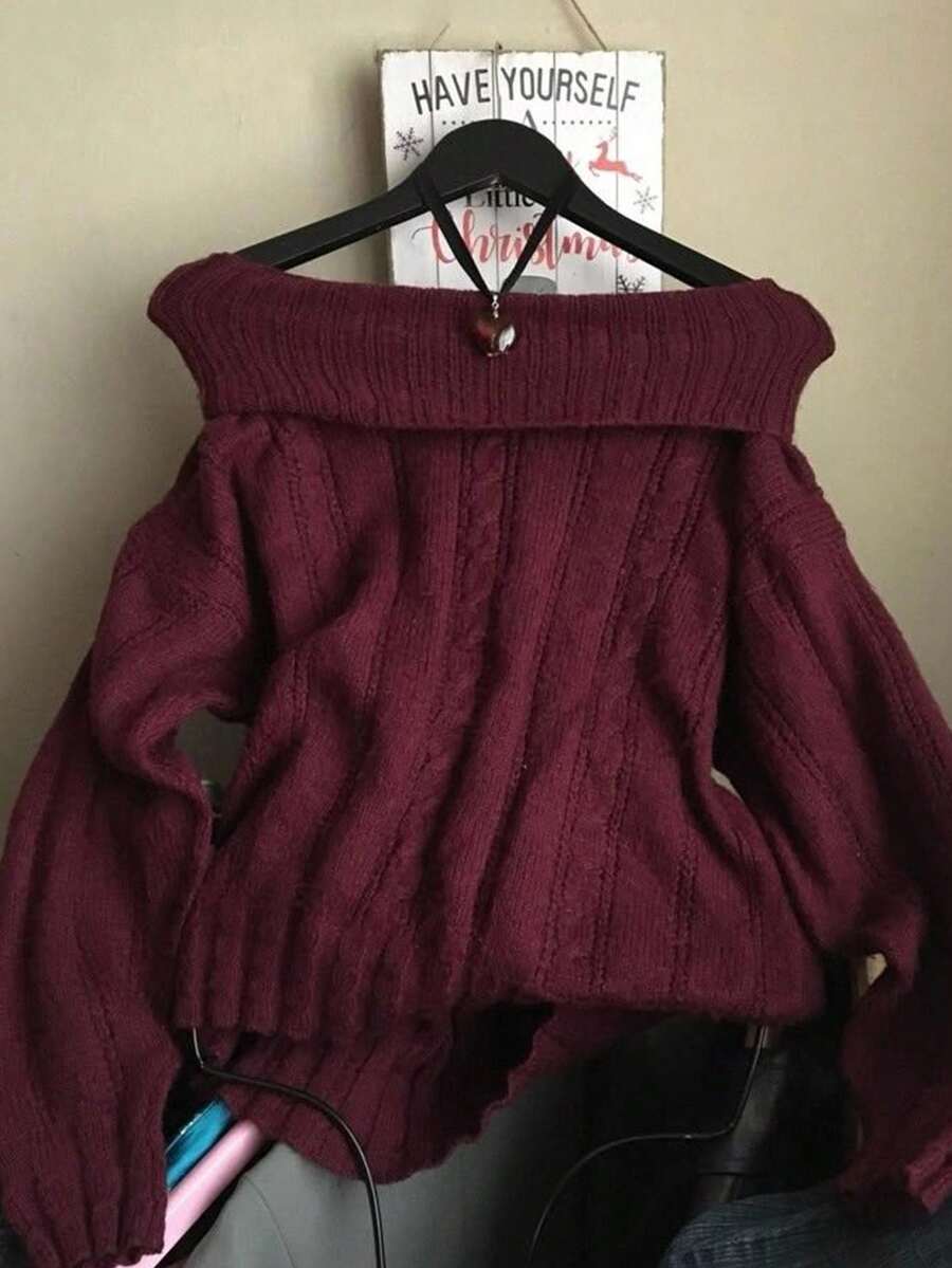 SHEIN 露肩纯色扭纹针织休闲百搭长袖套头毛衣 - 酒紅色 - 查看 1
