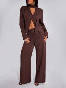 INAWLY 2pcs Women Casual Striped Print Long Sleeve Top And Wide Leg Pants Set With Sash, Spring/Autumn - Coffee Brown - View 6