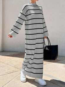 EURMUSE Women Stripe Pattern Round Neck Drop Shoulder Sweater Dress - Light Grey - View 6