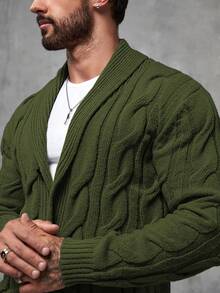 Manfinity Homme Men's Casual Cable Pattern Long Sleeve Knitted Cardigan, Autumn/Winter Mens Crochet Set Earthy Clothes Men - Green - View 5