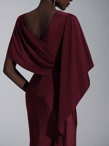 Elitara Elegant Luxurious Navy Blue Satin Ruffle Sleeve Sexy Slit Fishtail Bridesmaid Dress