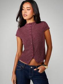 MISSGUIDED 罗纹纽扣开襟短袖开衫，领口一体式设计，适合休闲叠穿，圣诞节 - 酒紅色 - 查看 5
