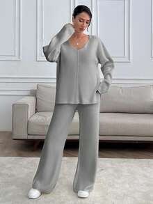 SHEIN PETITE Petite Damen V-Ausschnitt Oversized Pullover und Strick Hose Set