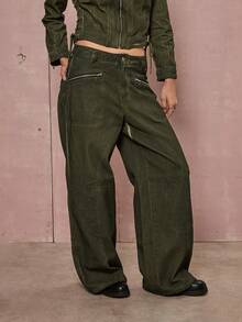 COUREZ 低腰越野摩托车宽松牛仔裤/Y2K 女士冬季服装 冬季服装 宽松牛仔裤 - 橄欖綠 - 查看 5