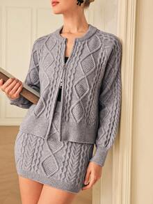 Chiquease Set de 2 piezas de suéter de punto trenzado con cremallera de cuello redondo suelto y casual, y minifalda - Gris - Ver 5