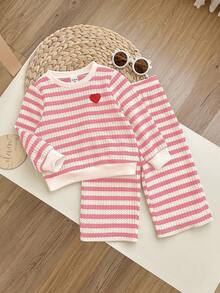 SHEIN 女婴条纹心形印花运动衫和裤子套装 - 粉色 - 查看 4