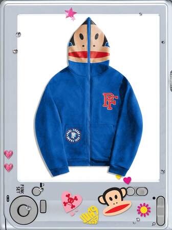 Paul Frank X ROMWE Sudadera con capucha con cremallera y estampado de mono casual para hombre, otoño