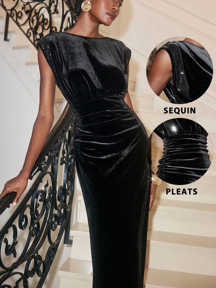 SHEIN Maija Black Velvet Elegant Sleeveless Padded Shoulder Fitted Long Dress, Suitable For Party, Gathering, Christmas, Wedding Long Party Dress Dress For Wedding Guest Elegant Dresses For Women Summer Dresses For Women Shiny Dress  Women Dresses Autumn Winter Cozy Lack Dress Stylish Clothing Collection