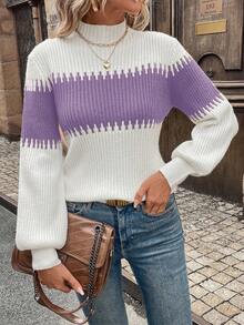 EURMUSE High Neck Color Block Patchwork Lantern Sleeve Casual Matching Commute Everyday Family Outdoor Women Sweater Jumper Purple And White Christmas Fall - Lilac Purple - View 4