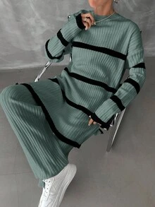 RueChic 2pcs Women Ribbed Contrast Trim Crew Neck Long Sleeve Top And Pants Sweater Set - Mint Green - View 4