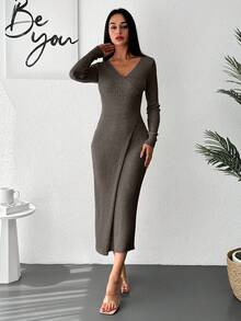 EURMUSE Women's Solid Color V-Neck Long Sleeve Ribbed Fitted Elegant Casual Knit Dress, Fall Work Everyday Coffee Brown - Mocha Brown - View 6