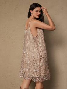 Freevana Plus Size Vintage 1920s Sequin Embroidered Romantic Party Holiday New Year Christmas Shiny Sequin Slip Dress For Women