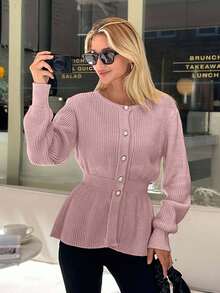 EURMUSE Women Solid Color Front Button Round Neck Cardigan,Cardigans,Long Cardigans Woman,Petite,Tall - Coral Pink - View 6