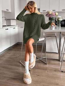 Women's Stand Collar Long Sleeve Cable Pattern Mini Sweater Dress