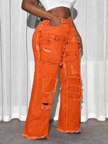 Slaydiva Plus Size Casual Washed Distressed Wide Leg Jeans - Orange - View 3