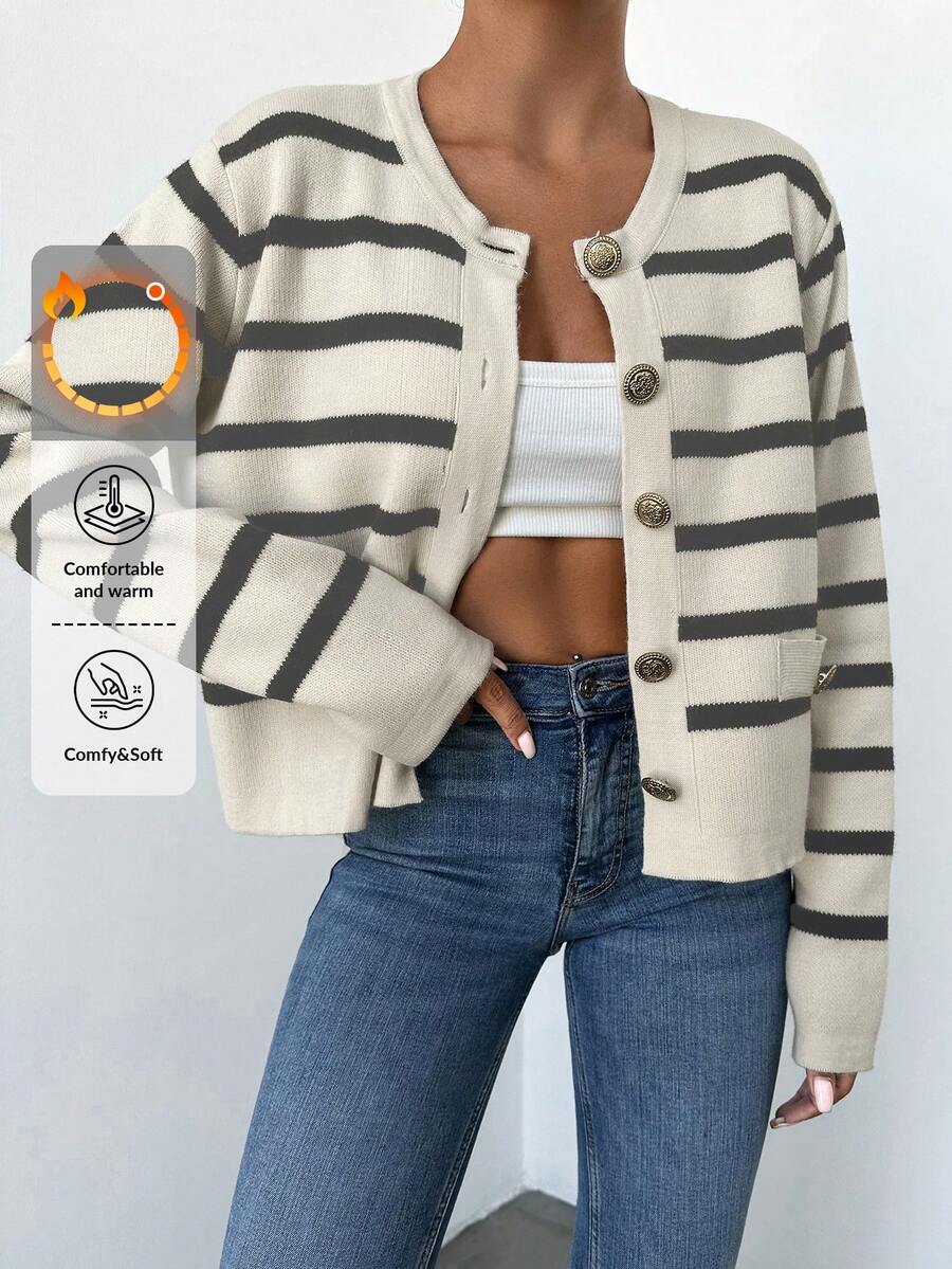 EURMUSE Women's Striped Drop Shoulder Cardigan With Open Front - Grey - View 1