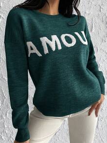 Letter Pattern Drop Shoulder Sweater - Dark Green - View 4