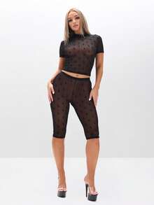 BABYPHAT Flocked Mesh High Neck Short Sleeve Sheer Overlay Top With Textured Detailing For Layered Looks - Black - View 6