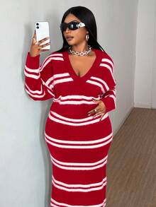 Maweii Women's Plus Size Short Loose Top, Elegant Casual Green & White Striped V-Neck Y2K Lounge Long Sleeve Bodycon Sweater Bodycon Maxi Tube Striped 2 Pieces Set Dress, Plus Size, Autumn/Winter - Multicolor - View 6